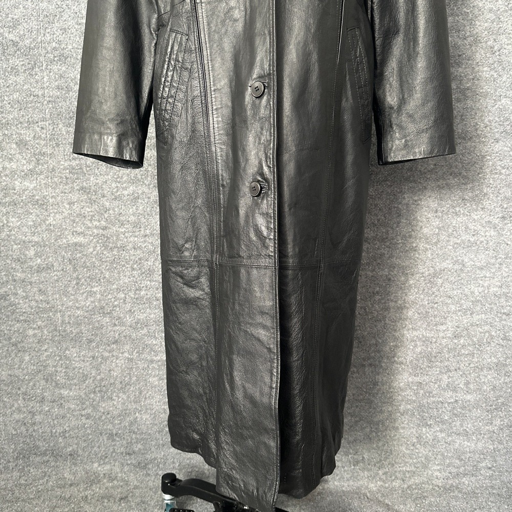 Vintage Omint Trench Coat Womens L Black Leather Long Classic Gothic Jacket - Picture 3 of 16